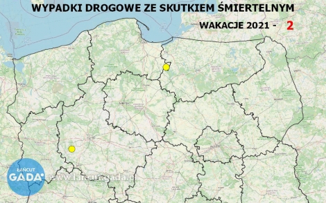 Policyjna mapa wypadków drogowych ze skutkiem śmiertelnym - Wakacje 2021